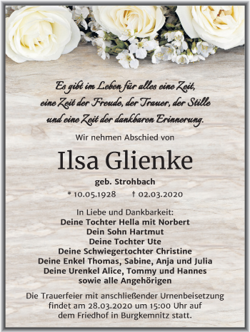 Traueranzeige von Ilsa Glienke von Wochenspiegel Bitterfeld