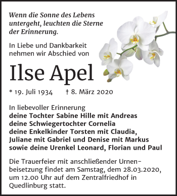 Traueranzeige von Ilse Apel von Super Sonntag Quedlinburg