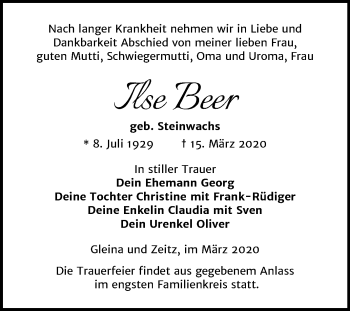 Traueranzeige von Ilse Beer von Super Sonntag Zeitz