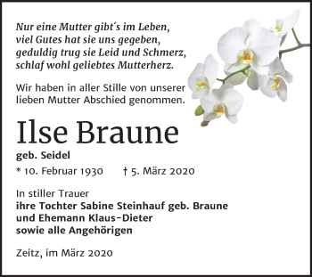 Traueranzeige von Ilse Braune von Mitteldeutsche Zeitung Zeitz