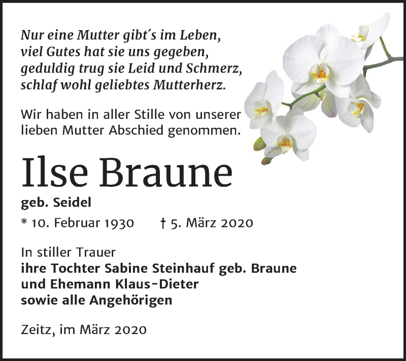  Traueranzeige für Ilse Braune vom 21.03.2020 aus Super Sonntag Zeitz