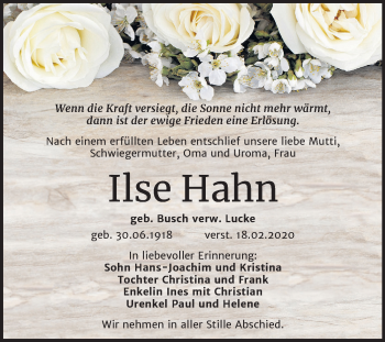Traueranzeige von Ilse Hahn von Wochenspiegel Weißenfels