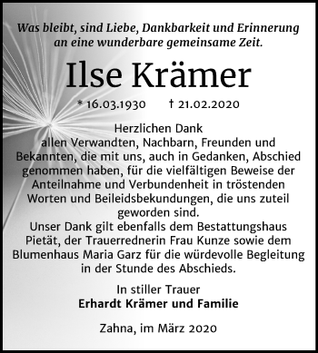 Traueranzeige von Ilse Krämer von Mitteldeutsche Zeitung Wittenberg