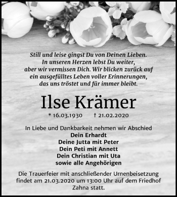 Traueranzeige von Ilse Krämer von Mitteldeutsche Zeitung Wittenberg
