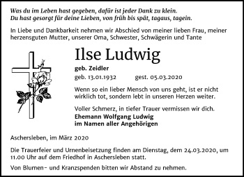 Traueranzeige von Ilse Ludwig von Super Sonntag Aschersleben