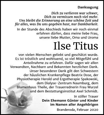 Traueranzeige von Ilse Titus von Mitteldeutsche Zeitung Merseburg/Querfurt