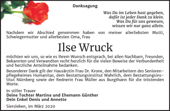 Traueranzeige von Ilse Wruck von Mitteldeutsche Zeitung Mansfelder Land
