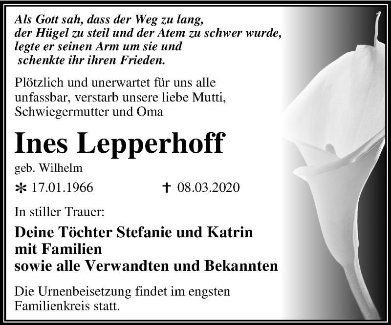  Traueranzeige für Ines Lepperhoff vom 21.03.2020 aus Mitteldeutsche Zeitung Dessau-Roßlau