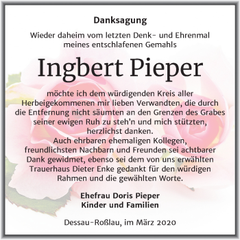 Traueranzeige von Ingbert Pieper von Super Sonntag Dessau-Roßlau