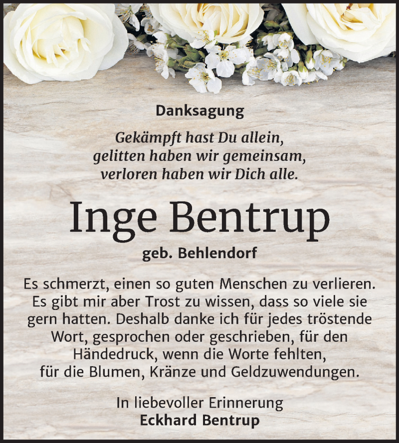  Traueranzeige für Inge Bentrup vom 21.03.2020 aus Mitteldeutsche Zeitung Wittenberg