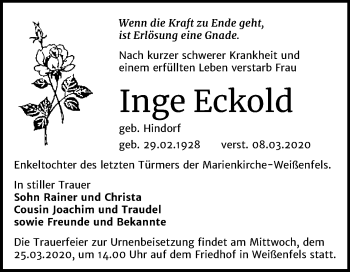 Traueranzeige von Inge Eckold von Wochenspiegel Weißenfels