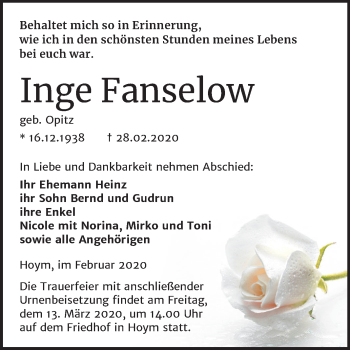 Traueranzeige von Inge Fanselow von Super Sonntag Aschersleben
