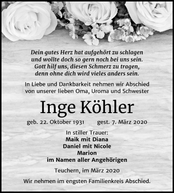 Traueranzeige von Inge Köhler von Mitteldeutsche Zeitung Weißenfels