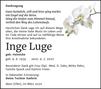 Traueranzeige von Inge Luge von Mitteldeutsche Zeitung Köthen