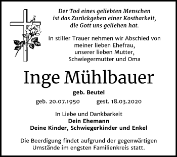 Traueranzeige von Inge Mühlbauer von Mitteldeutsche Zeitung Bitterfeld