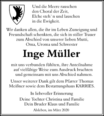 Traueranzeige von Inge Müller von Mitteldeutsche Zeitung Bernburg