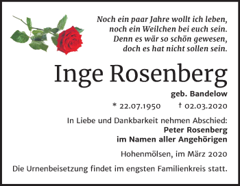 Traueranzeige von Inge Rosenberg von Mitteldeutsche Zeitung Weißenfels