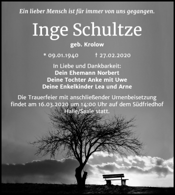 Traueranzeige von Inge Schultze von Mitteldeutsche Zeitung Halle/Saalkreis