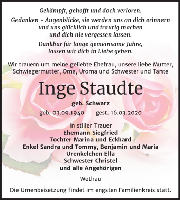 Traueranzeige von Inge Staudte von Mitteldeutsche Zeitung Naumburg/Nebra