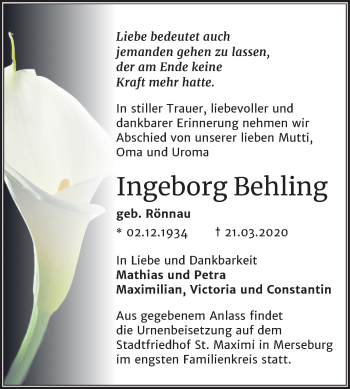 Traueranzeige von Ingeborg Behling von Super Sonntag Merseburg/Querfurt