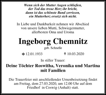 Traueranzeige von Ingeborg Chemnitz von Mitteldeutsche Zeitung Wittenberg