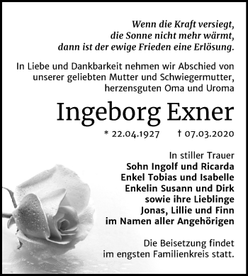 Traueranzeige von Ingeborg Exner von Mitteldeutsche Zeitung Dessau-Roßlau
