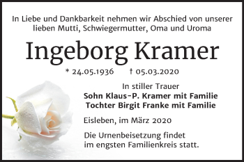 Traueranzeige von Ingeborg Kramer von Mitteldeutsche Zeitung Mansfelder Land