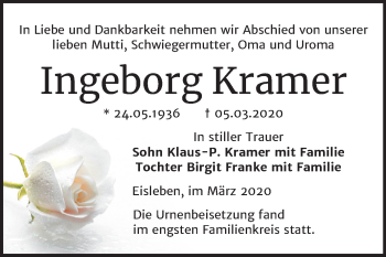 Traueranzeige von Ingeborg Kramer von Super Sonntag Mansfelder Land