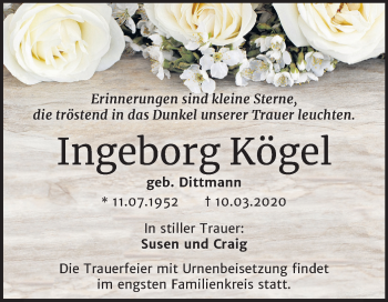 Traueranzeige von Ingeborg Kögel von Super Sonntag Sangerhausen