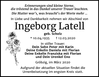 Traueranzeige von Ingeborg Latell von Super Sonntag Köthen