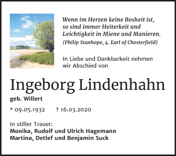 Traueranzeige von Ingeborg Lindenhahn von Mitteldeutsche Zeitung Halle/Saalkreis