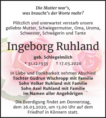 Traueranzeige von Ingeborg Ruhland von Super Sonntag Bernburg