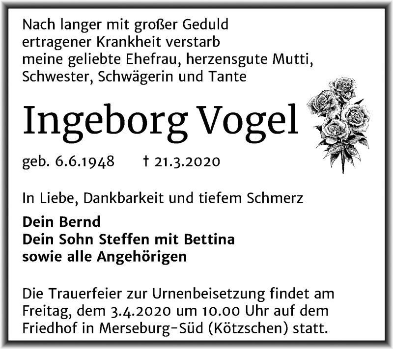  Traueranzeige für Ingeborg Vogel vom 28.03.2020 aus Mitteldeutsche Zeitung Merseburg/Querfurt