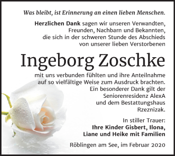Traueranzeige von Ingeborg Zoschke von Wochenspiegel Mansfelder Land