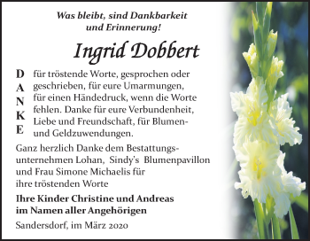 Traueranzeige von Ingrid Dobbert von Mitteldeutsche Zeitung Bitterfeld