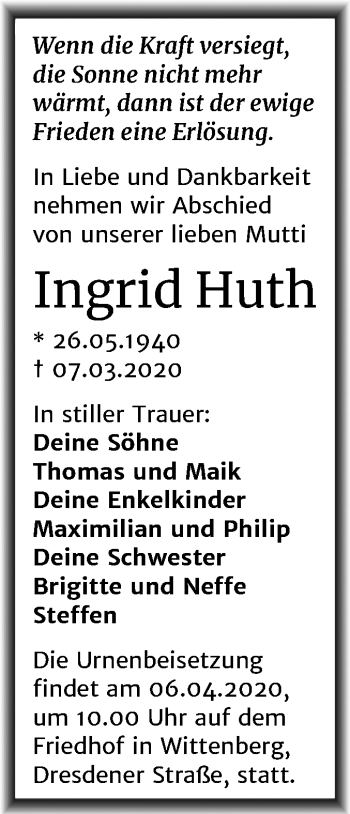 Traueranzeige von Ingrid Huth von Super Sonntag Wittenberg
