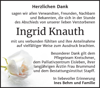Traueranzeige von Ingrid Knauth von Super Sonntag Mansfelder Land