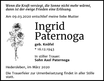 Traueranzeige von Ingrid Paternoga von Super Sonntag Mansfelder Land