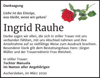 Traueranzeige von Ingrid Rauhe von Mitteldeutsche Zeitung Aschersleben