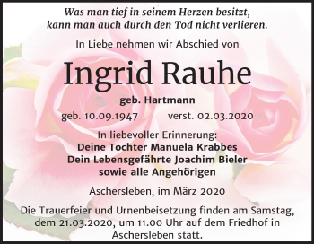 Traueranzeige von Ingrid Rauhe von Mitteldeutsche Zeitung Aschersleben