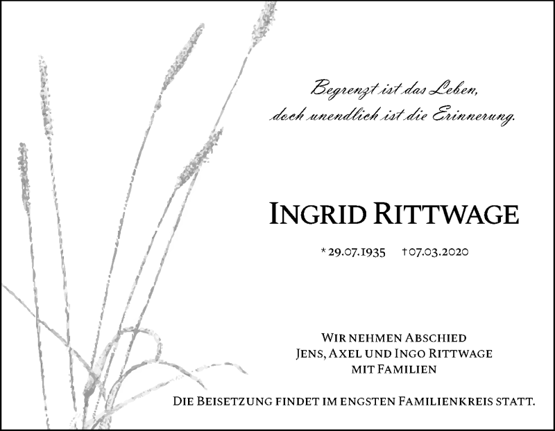  Traueranzeige für Ingrid Rittwage vom 28.03.2020 aus Mitteldeutsche Zeitung Dessau-Roßlau