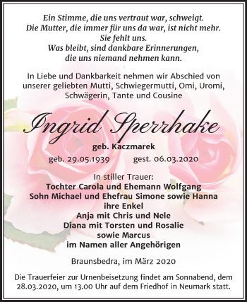 Traueranzeige von Ingrid Sperrhake von Mitteldeutsche Zeitung Merseburg/Querfurt