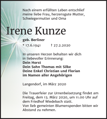 Traueranzeige von Irene Kunze von Mitteldeutsche Zeitung Weißenfels