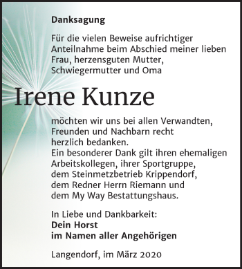 Traueranzeige von Irene Kunze von Mitteldeutsche Zeitung Weißenfels