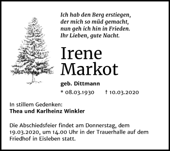 Traueranzeige von Irene Markot von Super Sonntag Mansfelder Land