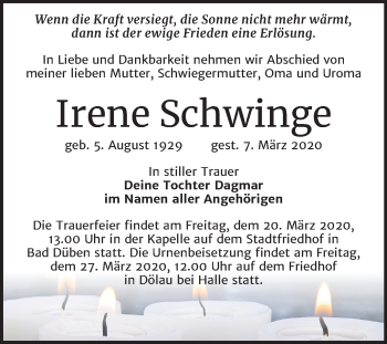 Traueranzeige von Irene Schwinge von Mitteldeutsche Zeitung Halle/Saalkreis