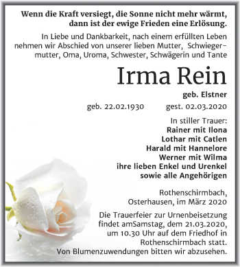 Traueranzeige von Irma Rein von Mitteldeutsche Zeitung Mansfelder Land