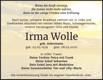 Traueranzeige von Irma Wolle von Mitteldeutsche Zeitung Wittenberg