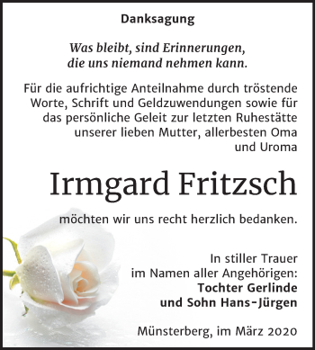 Traueranzeige von Irmgard Fritzsch von Mitteldeutsche Zeitung Wittenberg