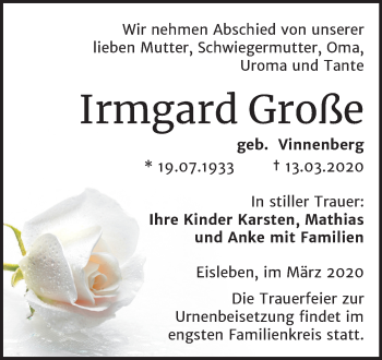 Traueranzeige von Irmgard Große von Mitteldeutsche Zeitung Mansfelder Land